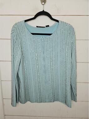 Dana Buchman XL blue silk blend cardigan sweater with silver beading & full zip